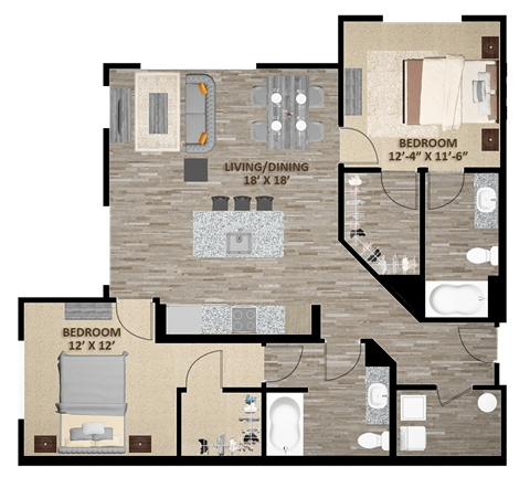 Floor plan for 2 beds, 2 baths, 1105 sqft